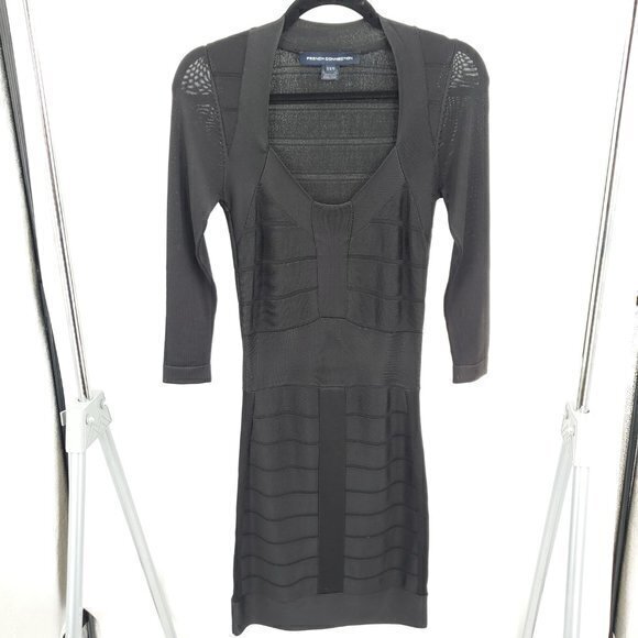 French Connection Bandage Herve Leger-Style Elbow Sleeve Dress 2 Black Halloween - Picture 1 of 16